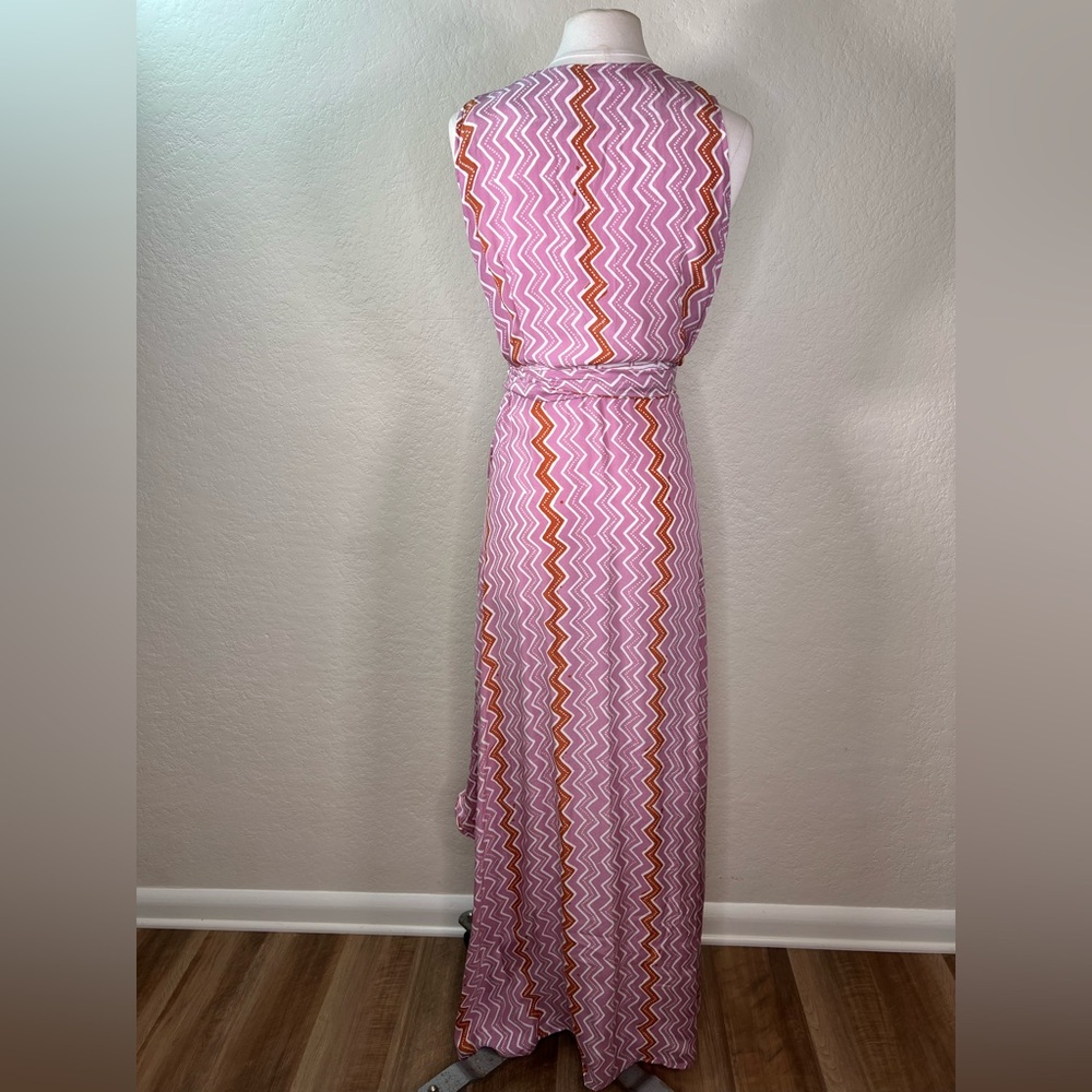 Natalie Martin Printed 100% Silk Wrap Tie Waist Chevron Maxi Dress SZ Large EUC - Picture 5 of 15